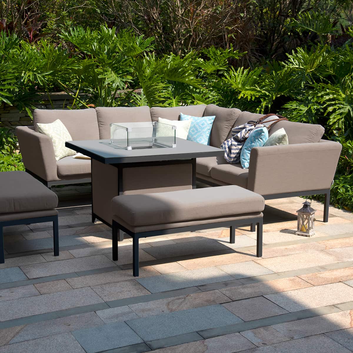 Fabric corner sofa dining set with square fire pit table #colour_taupe