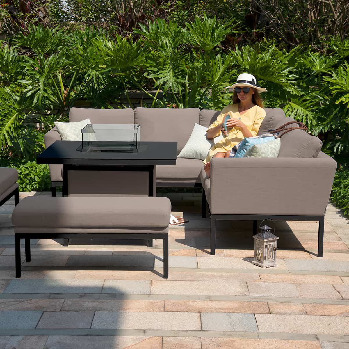 Fabric corner sofa dining set with square fire pit table #colour_taupe