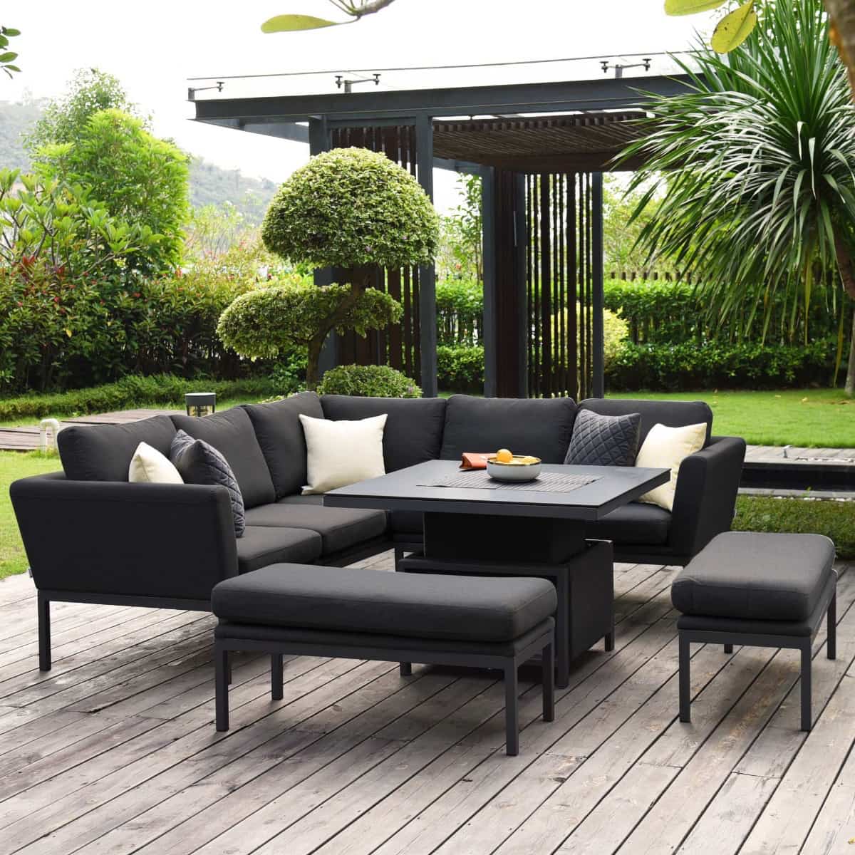 Fabric corner sofa dining set with two benches and a rising table #colour_charcoal