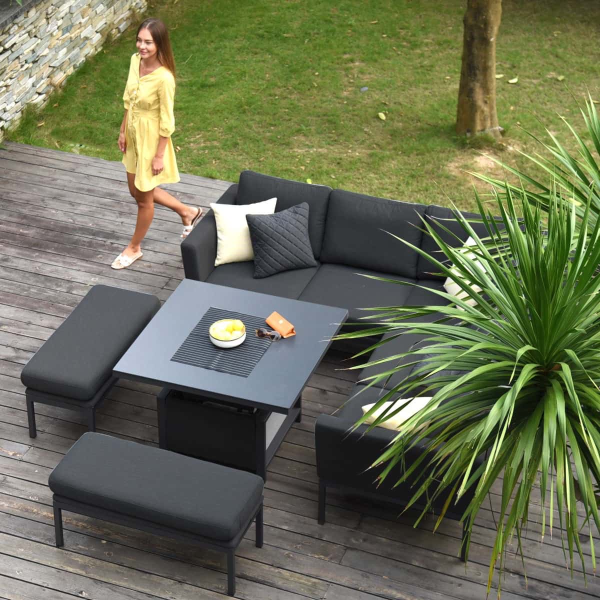 Fabric corner sofa dining set with two benches and a rising table #colour_charcoal