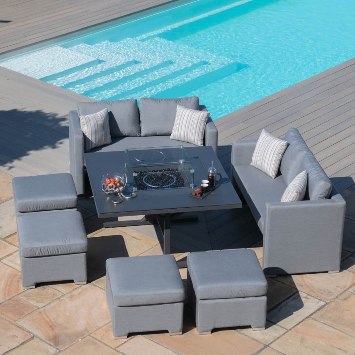 Fabric cube sofa set with fire pit table and four stools #colour_flanelle