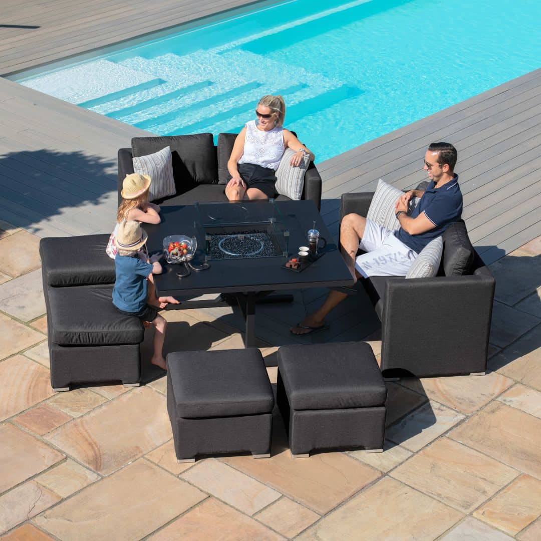 Fabric cube sofa set with fire pit table and four stools #colour_charcoal