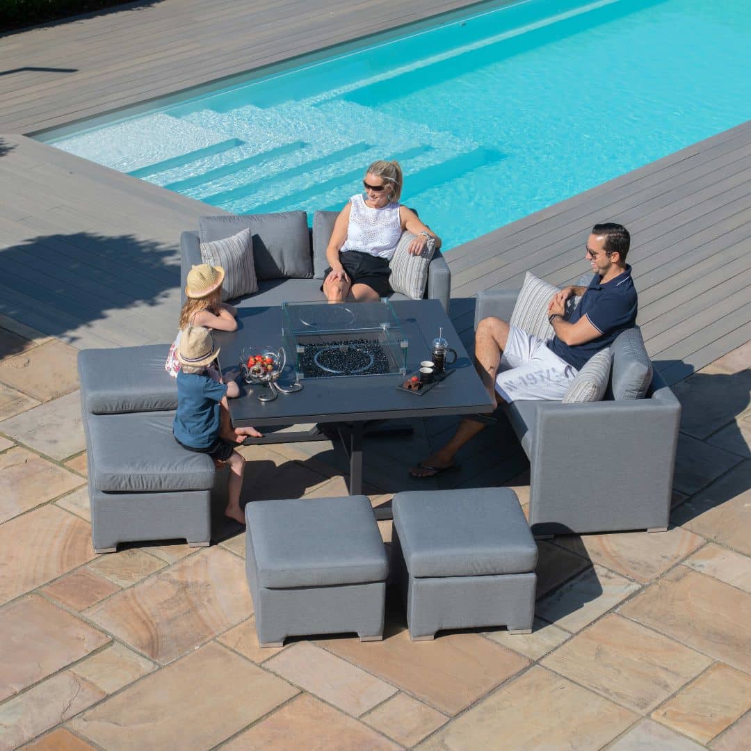 Fabric cube sofa set with fire pit table and four stools #colour_flanelle