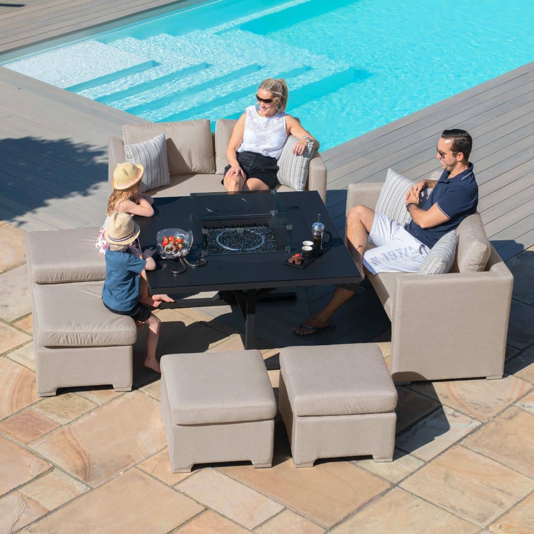 Fabric cube sofa set with fire pit table and four stools #colour_taupe