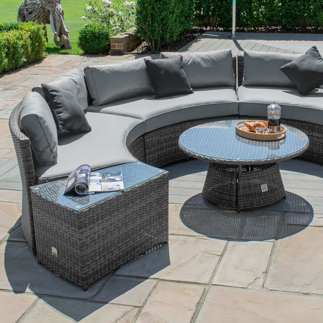 Half round rattan sofa set with 2 side tables and a coffee table #colour_grey