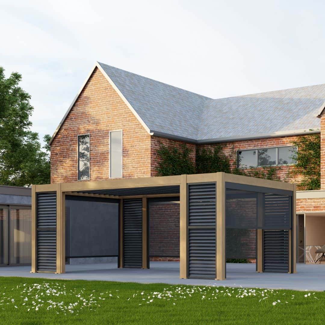 3m x 5m aluminium pergola in light oak wood effect with grey louvred roof 