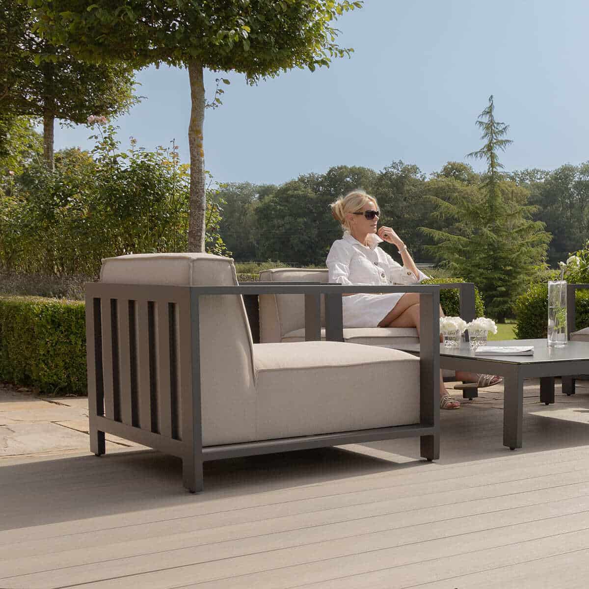 Beige Oatmeal Fabric Armchair with a Grey Powder Coated Aluminium Frame #colour_oatmeal