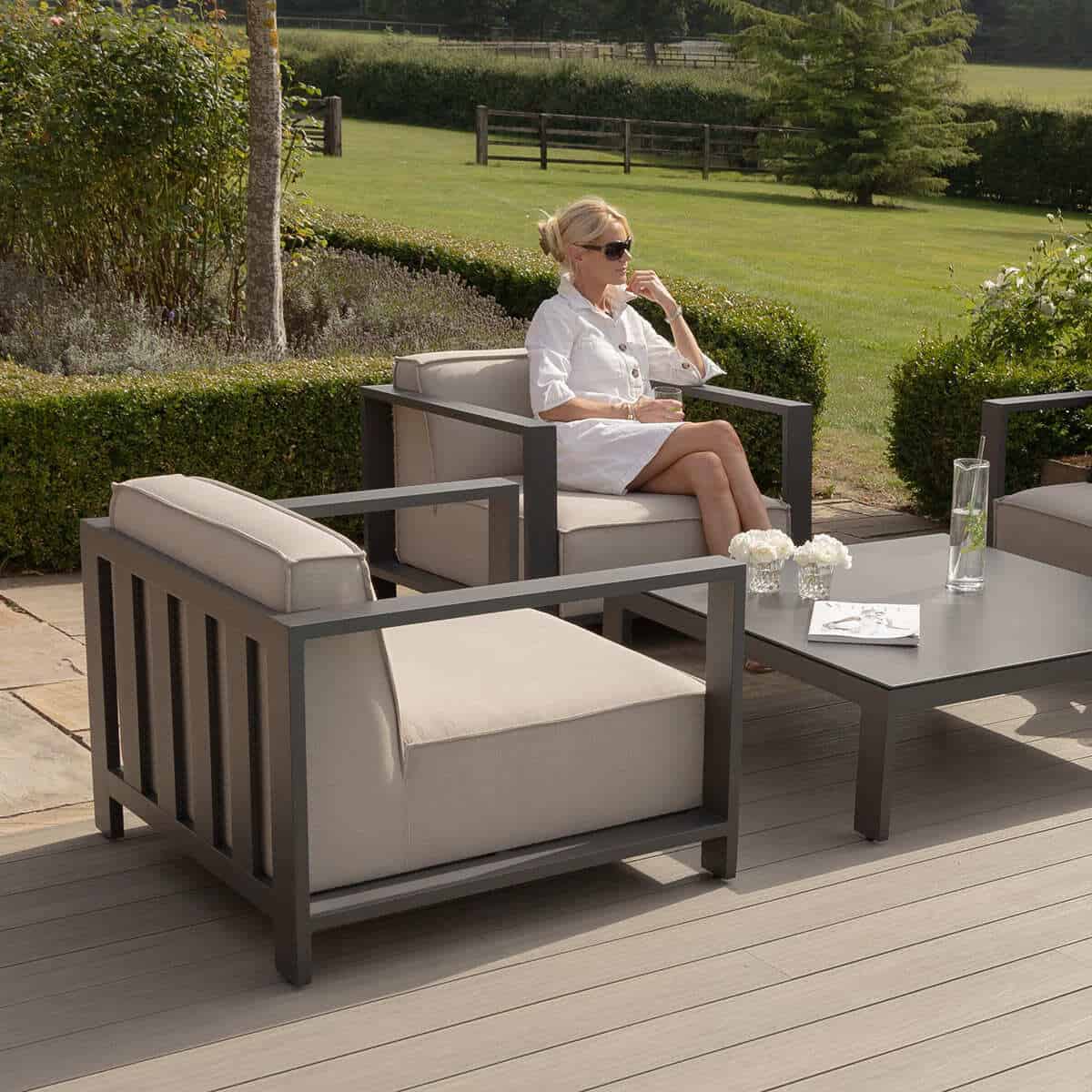 Beige Oatmeal Fabric Armchair with a Grey Powder Coated Aluminium Frame #colour_oatmeal