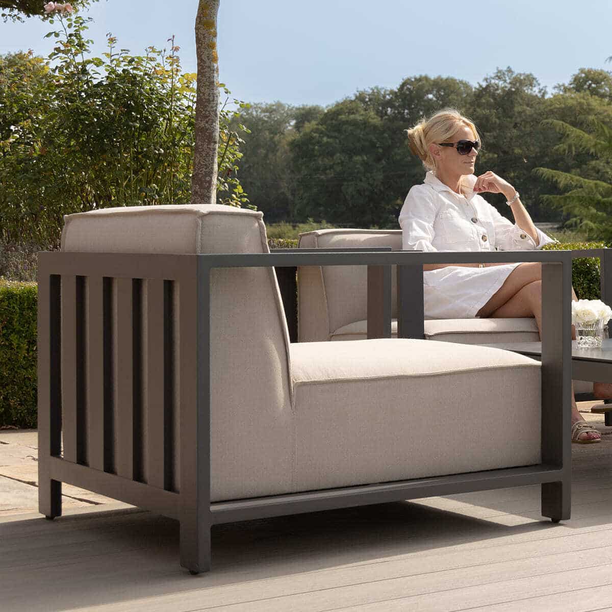 Beige Oatmeal Fabric Armchair with a Grey Powder Coated Aluminium Frame #colour_oatmeal