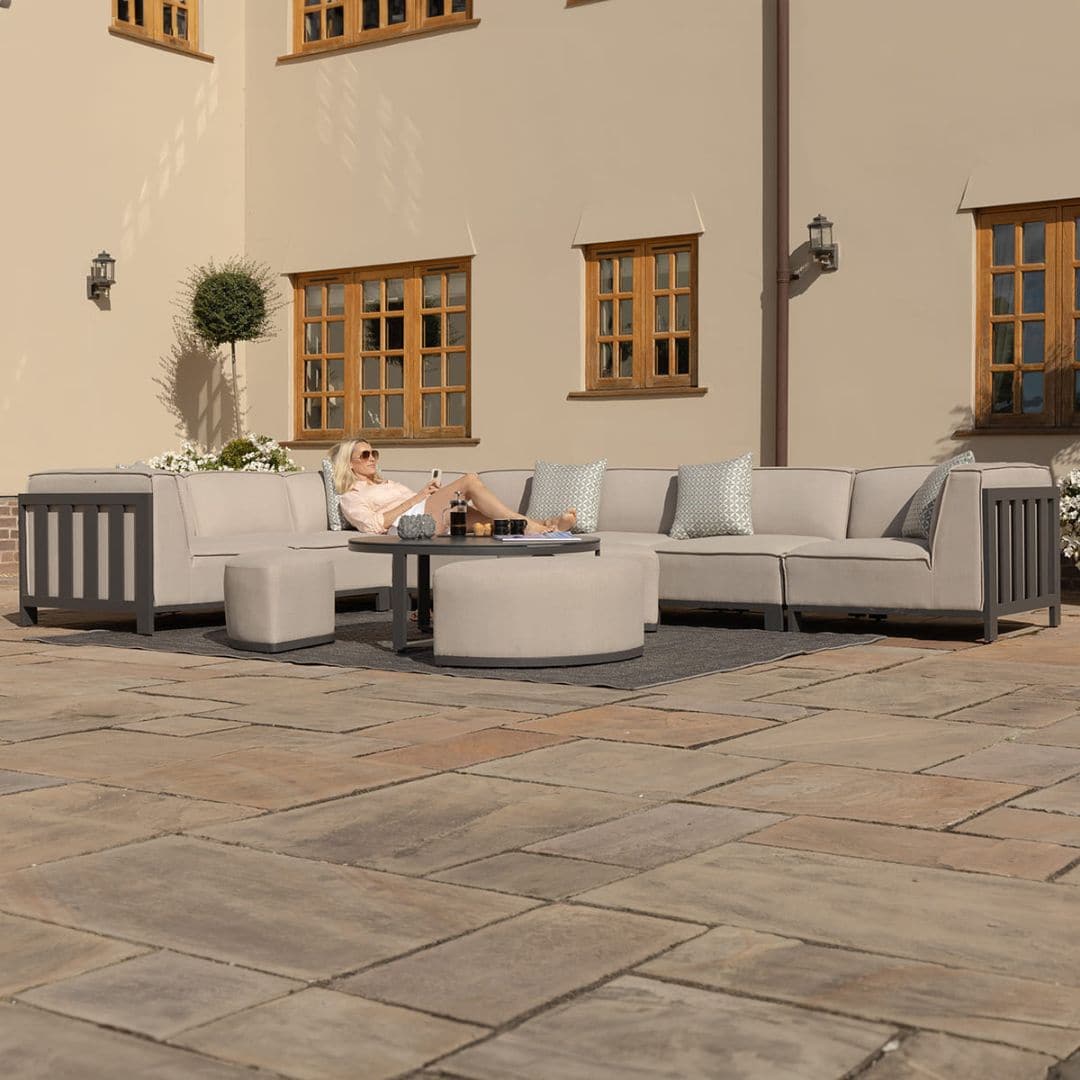 Beige Oatmeal Outdoor Fabric and Grey Powder Coated Aluminium Frame Large Corner Sofa Set with a Round Coffee Table and 3 Footstools #colour_oatmeal