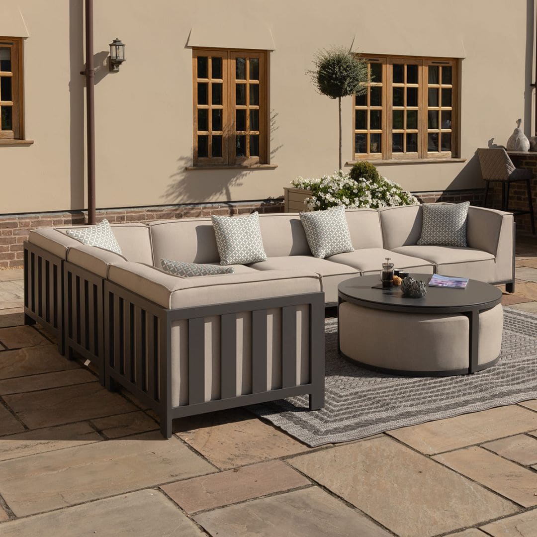Beige Oatmeal Outdoor Fabric and Grey Powder Coated Aluminium Frame Large Corner Sofa Set with a Round Coffee Table and 3 Footstools #colour_oatmeal