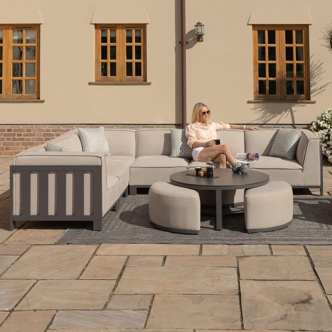 Beige Oatmeal Outdoor Fabric and Grey Powder Coated Aluminium Frame Medium Corner Sofa Set with a Round Coffee Table and 3 Footstools #colour_oatmeal