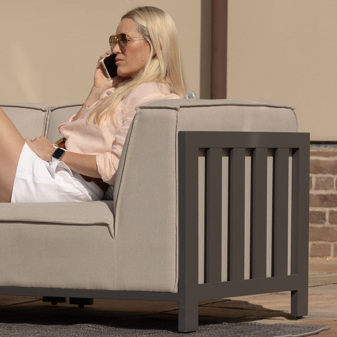 Beige Oatmeal Outdoor Fabric and Grey Powder Coated Aluminium Frame Medium Corner Sofa Set with a Round Coffee Table and 3 Footstools #colour_oatmeal