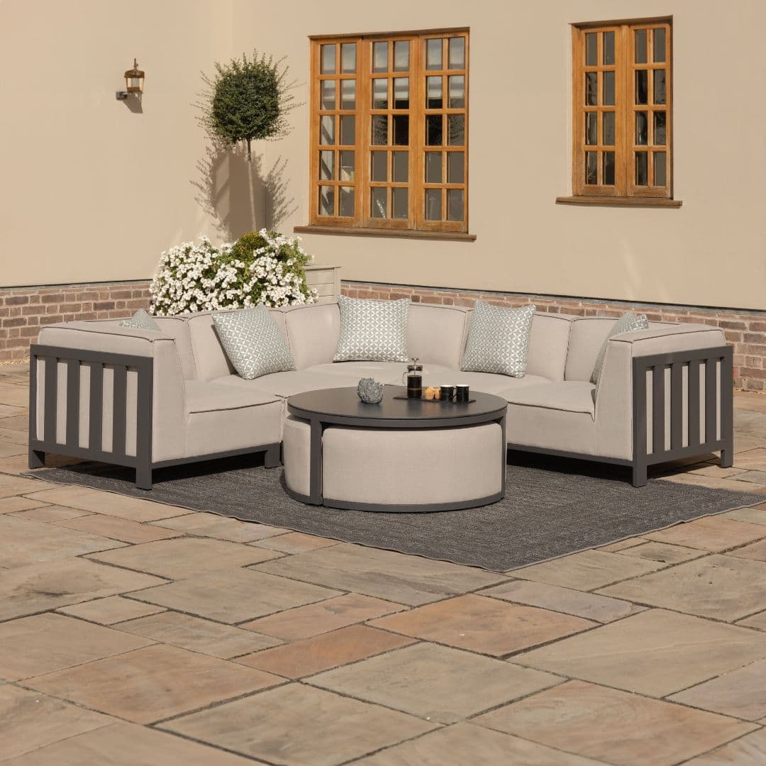 Beige Oatmeal Outdoor Fabric and Grey Powder Coated Aluminium Frame Small Corner Sofa Set with a Round Coffee Table and 3 Footstools #colour_oatmeal