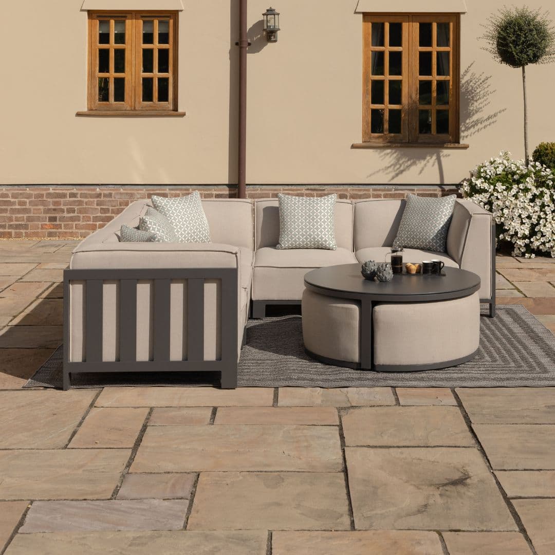 Beige Oatmeal Outdoor Fabric and Grey Powder Coated Aluminium Frame Small Corner Sofa Set with a Round Coffee Table and 3 Footstools #colour_oatmeal