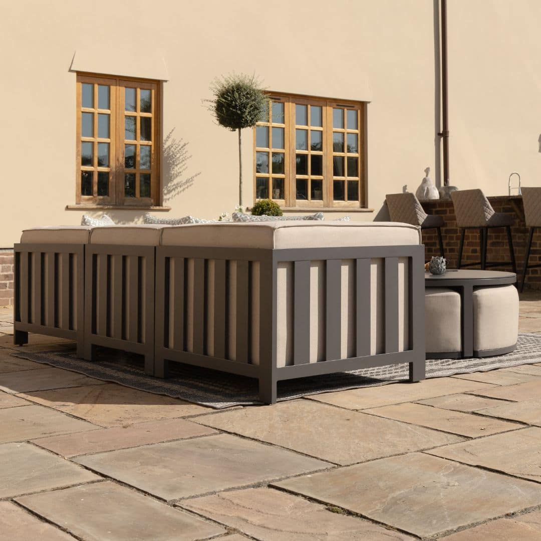 Beige Oatmeal Outdoor Fabric and Grey Powder Coated Aluminium Frame Small Corner Sofa Set with a Round Coffee Table and 3 Footstools #colour_oatmeal