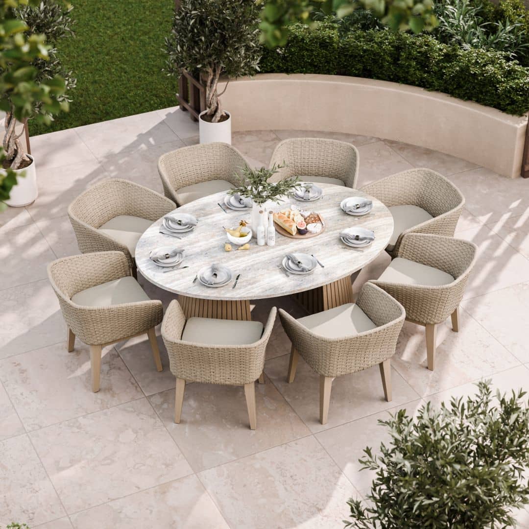 8 Seat Dining Set with an Acacia Hardwood Dual Half Conical Base, Natural Effect Concrete Table Top and Synthetic Rope Weave Dining Chairs