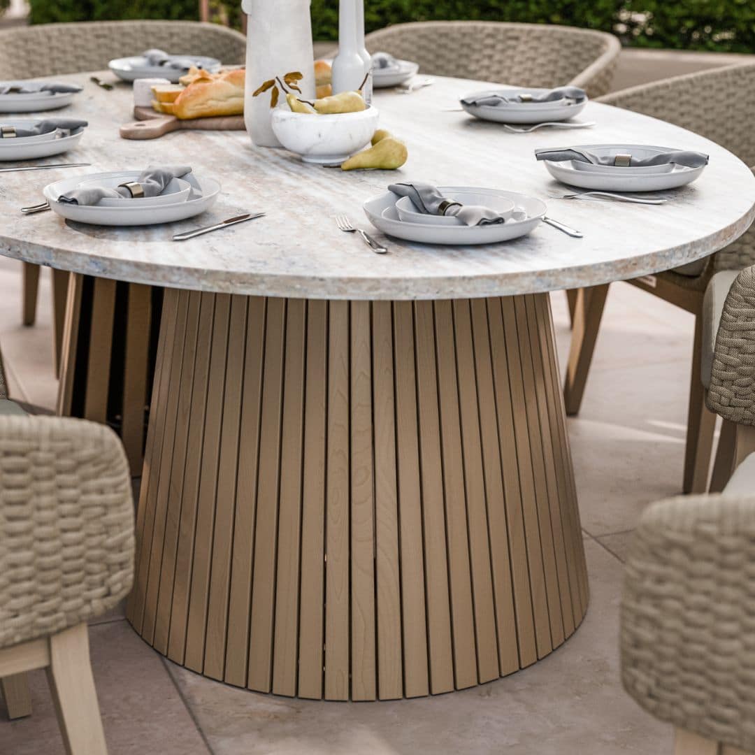 8 Seat Dining Set with an Acacia Hardwood Dual Half Conical Base, Natural Effect Concrete Table Top and Synthetic Rope Weave Dining Chairs