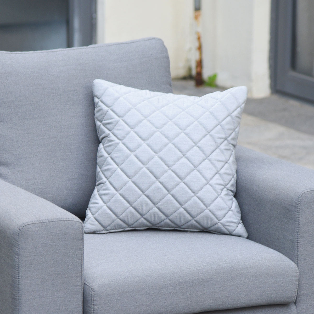 Pair of Lead Chine Quilted Outdoor Cushions