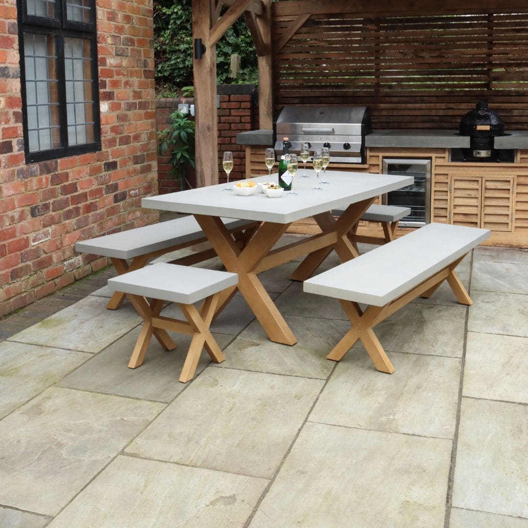 Acacia Wood and Grey Concrete Rectangular Dining Set with Two Benches and Two Stools