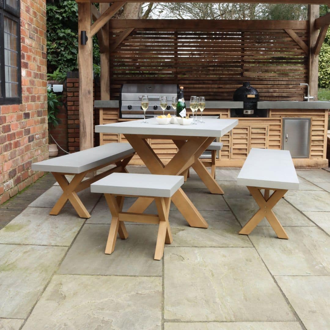 Acacia Wood and Grey Concrete Rectangular Dining Set with Two Benches and Two Stools