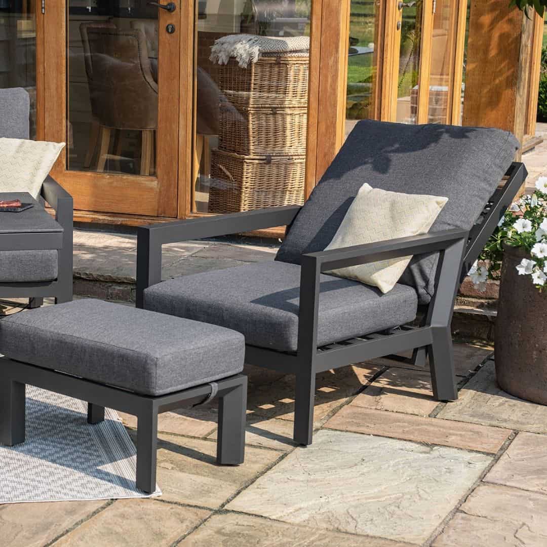 Grey aluminium reclining 3 seat sofa dining set with fire pit table, 2 single arm chairs, 2 footstools and coffee table 