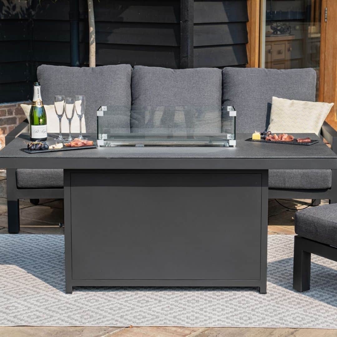 Grey aluminium reclining 3 seat sofa dining set with fire pit table, 2 single arm chairs, 2 footstools and coffee table 