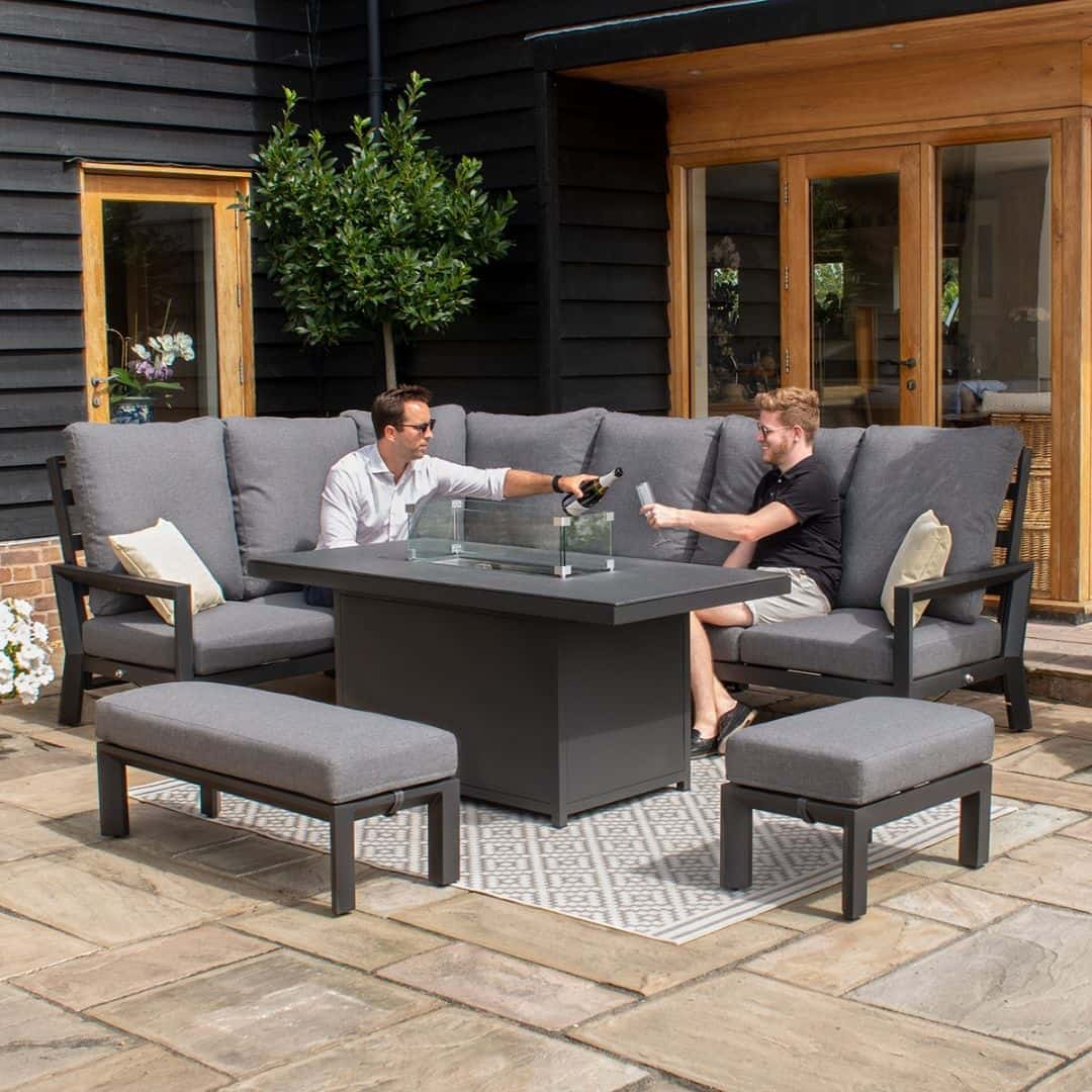 Grey aluminium reclining casual corner dining set with fire pit table and 2 footstools
