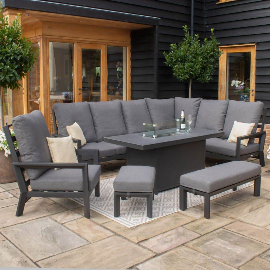 Grey aluminium reclining casual corner dining set with fire pit table, 1 reclining single arm chair and 2 footstools