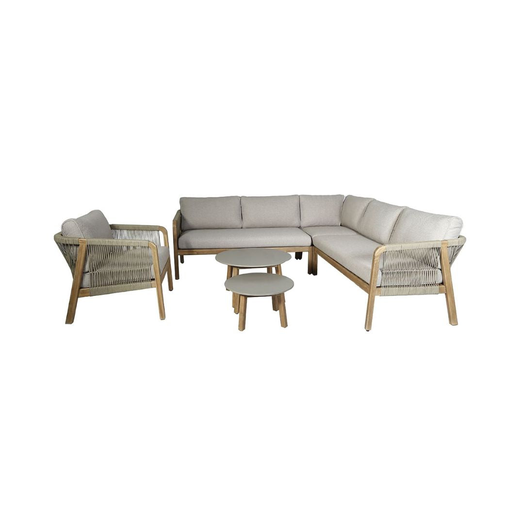 Light Brown Rope and Acacia Wood Corner Sofa Set with 2 Waxed Polish Concrete Round Coffee Table and an Armchair