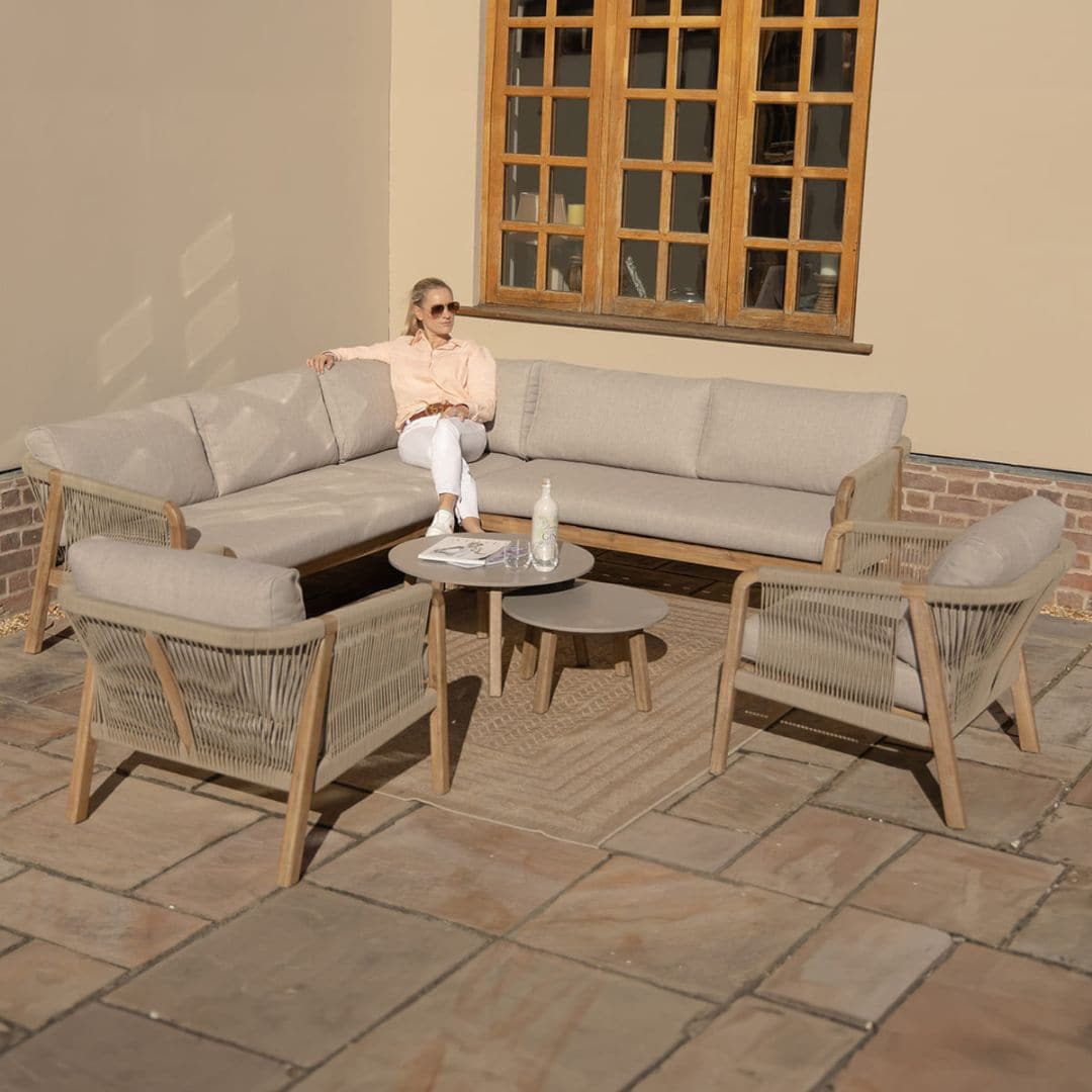 Light Brown Rope and Acacia Wood Corner Sofa Set with 2 Waxed Polish Concrete Round Coffee Tables and 2 Armchairs