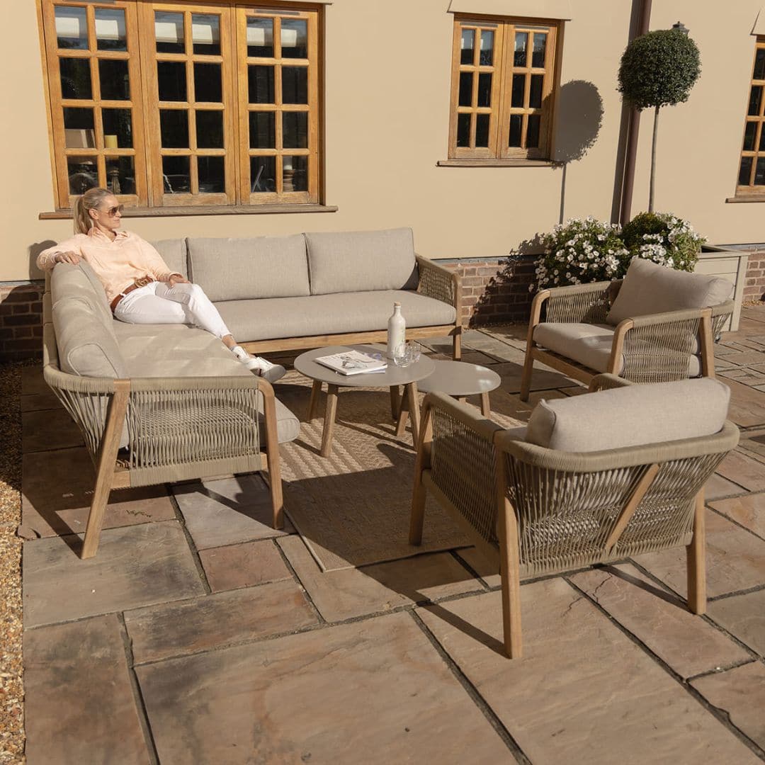 Light Brown Rope and Acacia Wood Corner Sofa Set with 2 Waxed Polish Concrete Round Coffee Tables and 2 Armchairs