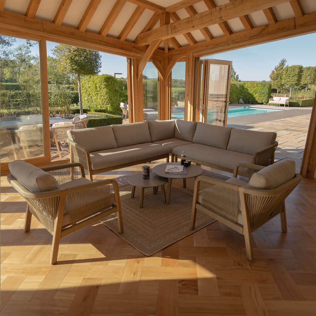 Light Brown Rope and Acacia Wood Corner Sofa Set with 2 Waxed Polish Concrete Round Coffee Tables and 2 Armchairs