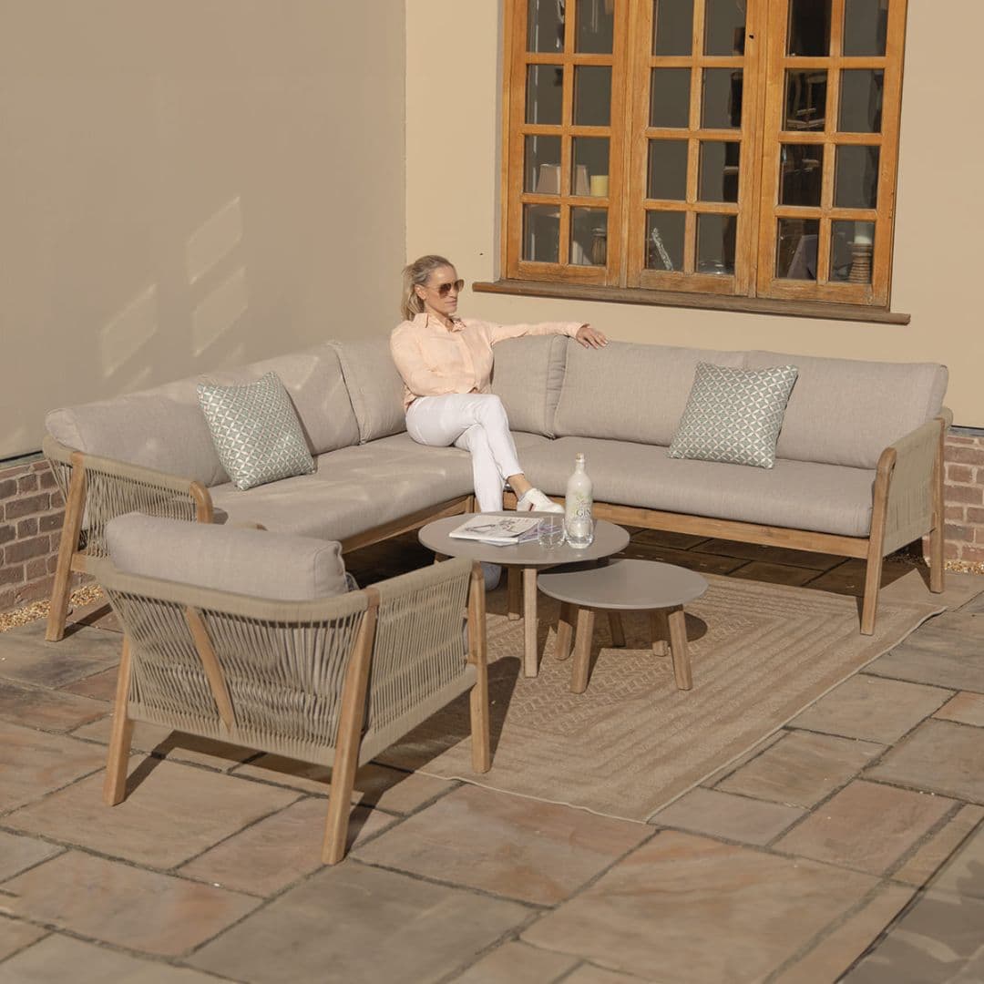 Light Brown Rope and Acacia Wood Corner Sofa Set with 2 Waxed Polish Concrete Round Coffee Table and an Armchair