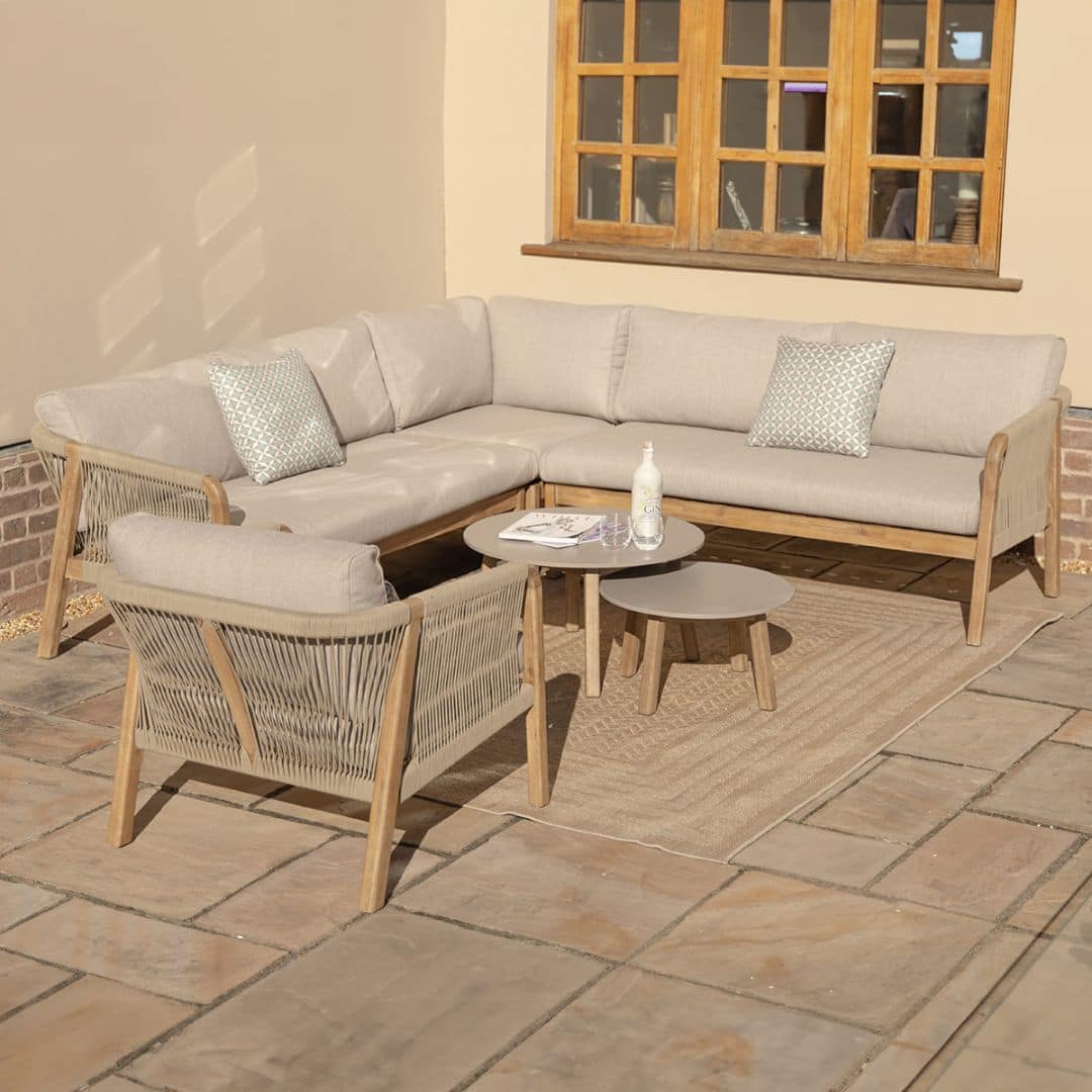 Light Brown Rope and Acacia Wood Corner Sofa Set with 2 Waxed Polish Concrete Round Coffee Table and an Armchair