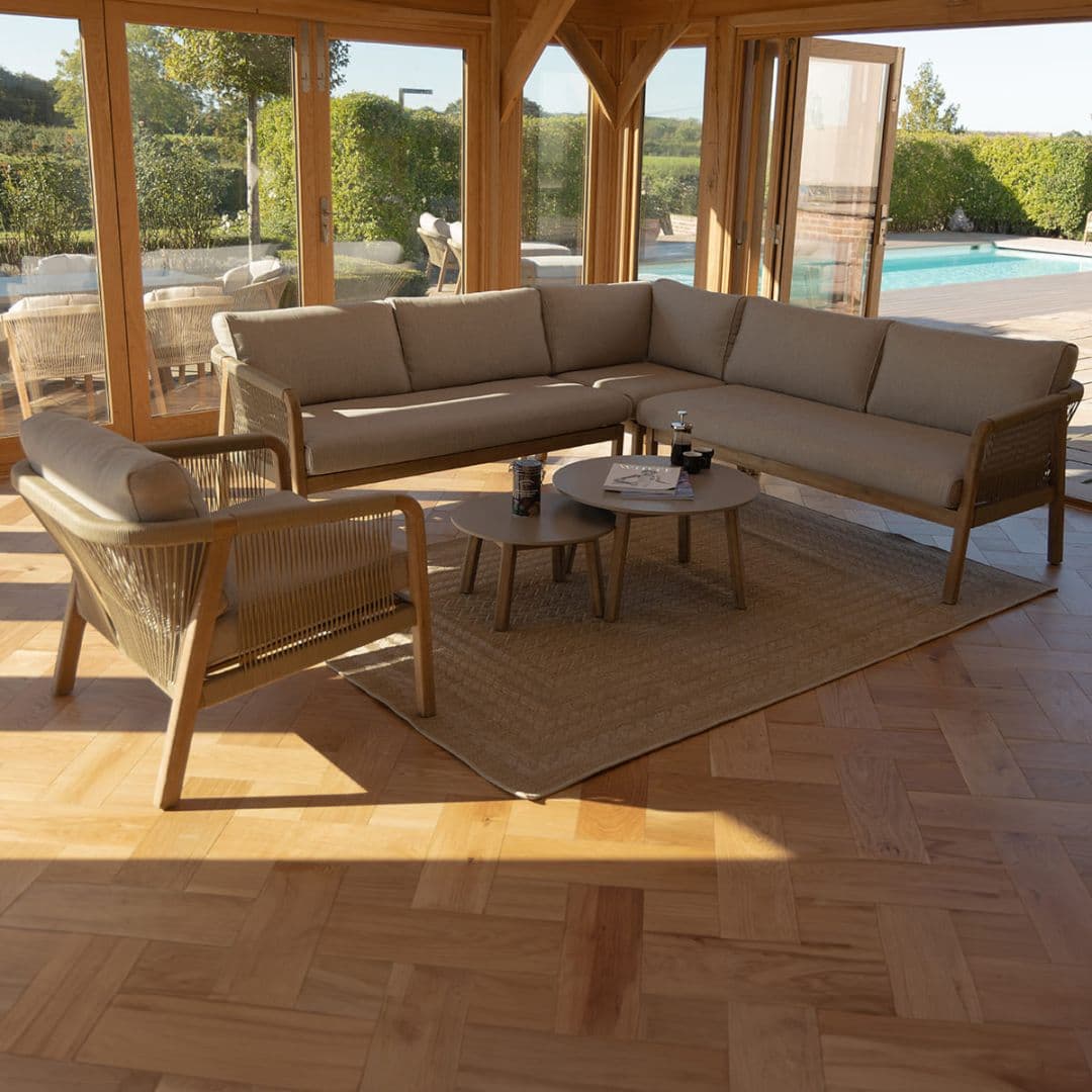 Light Brown Rope and Acacia Wood Corner Sofa Set with 2 Waxed Polish Concrete Round Coffee Table and an Armchair