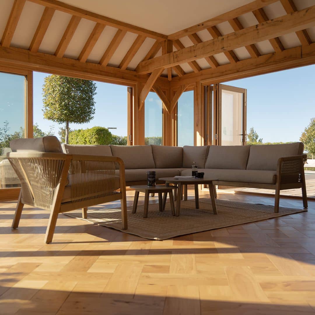 Light Brown Rope and Acacia Wood Corner Sofa Set with 2 Waxed Polish Concrete Round Coffee Table and an Armchair