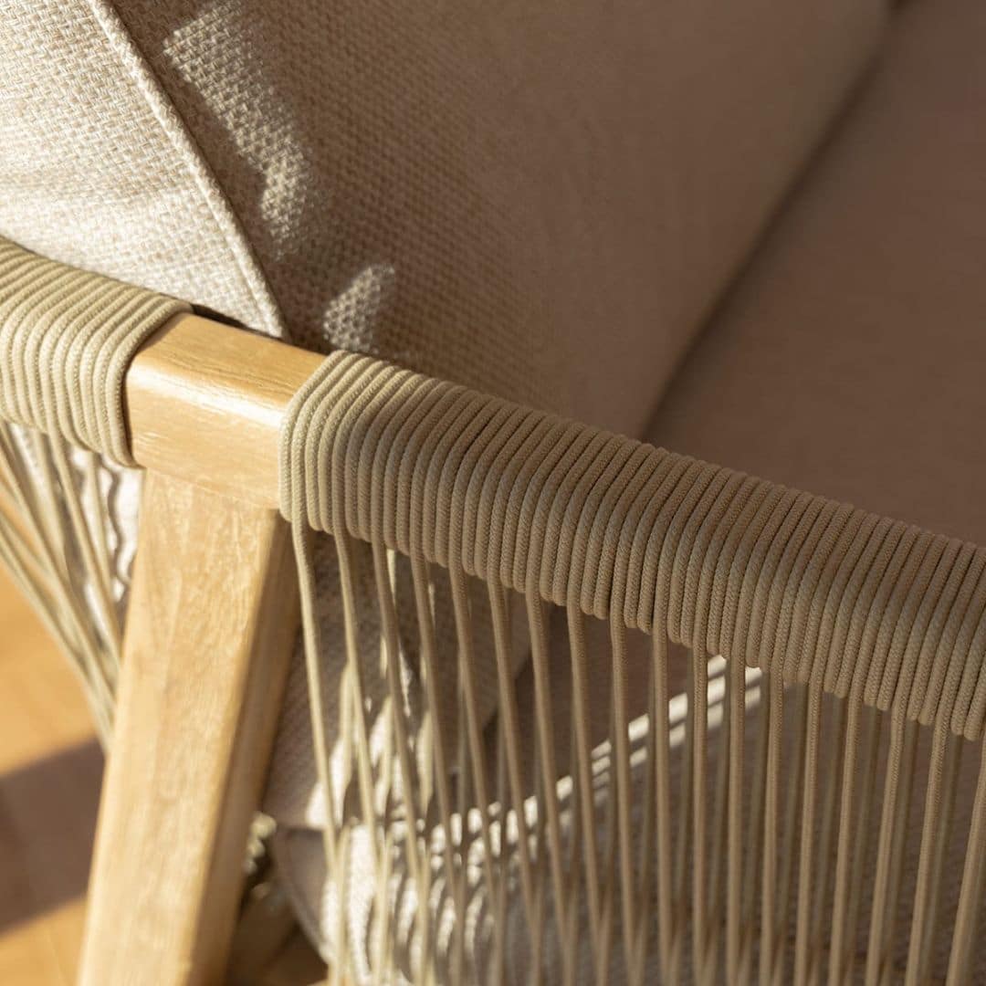 Light Brown Rope and Acacia Wood Corner Sofa Set with 2 Waxed Polish Concrete Round Coffee Table and an Armchair