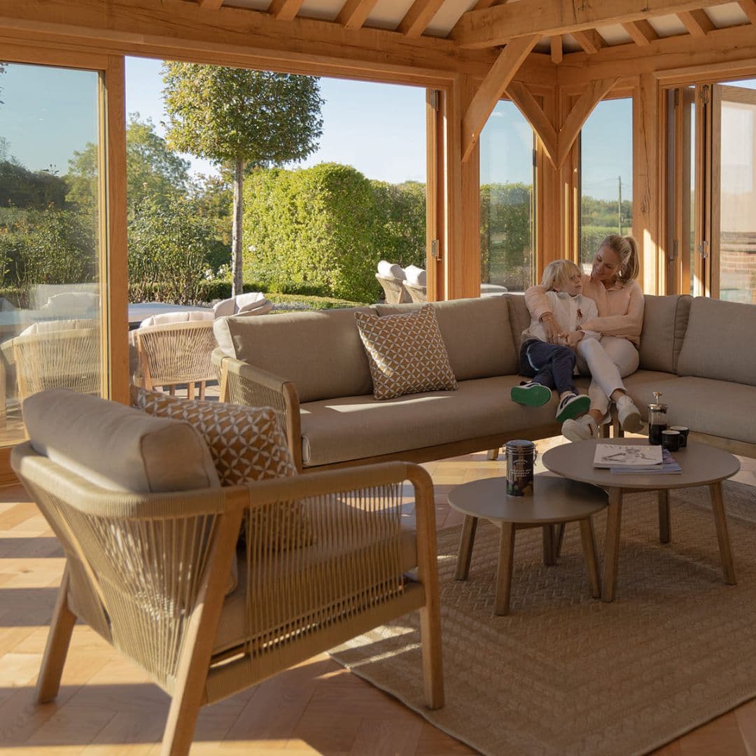 Light Brown Rope and Acacia Wood Corner Sofa Set with 2 Waxed Polish Concrete Round Coffee Table and an Armchair