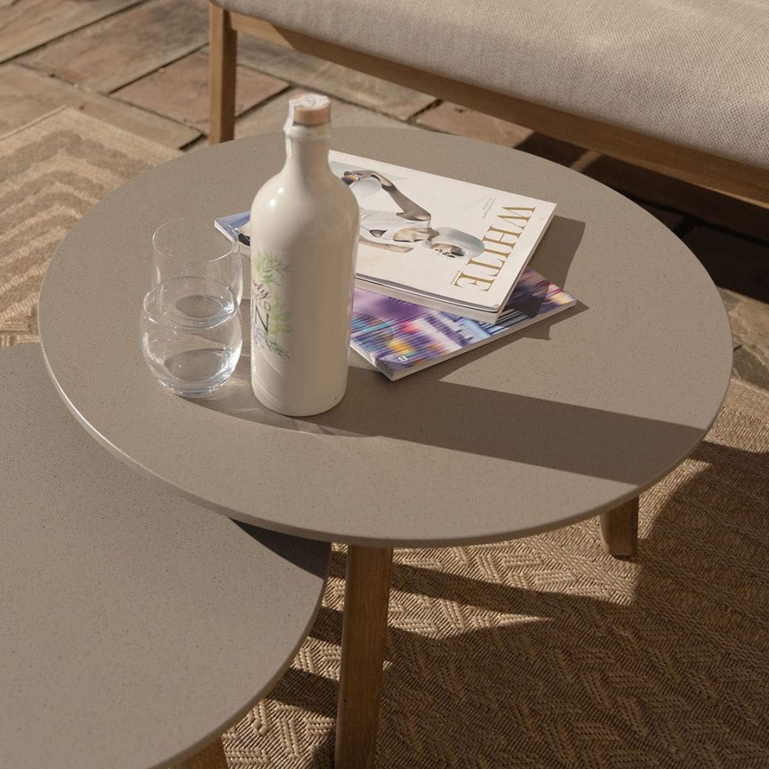Light Brown Rope and Acacia Wood Corner Sofa Set with 2 Waxed Polish Concrete Round Coffee Table and an Armchair