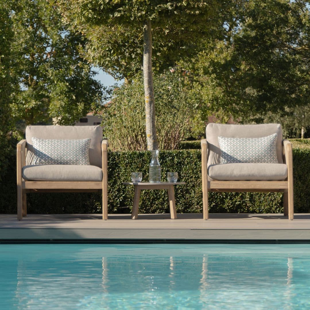 Light Brown Rope and Acacia Wood Lounge Set with 2 Waxed Polish Concrete Round Coffee Tables