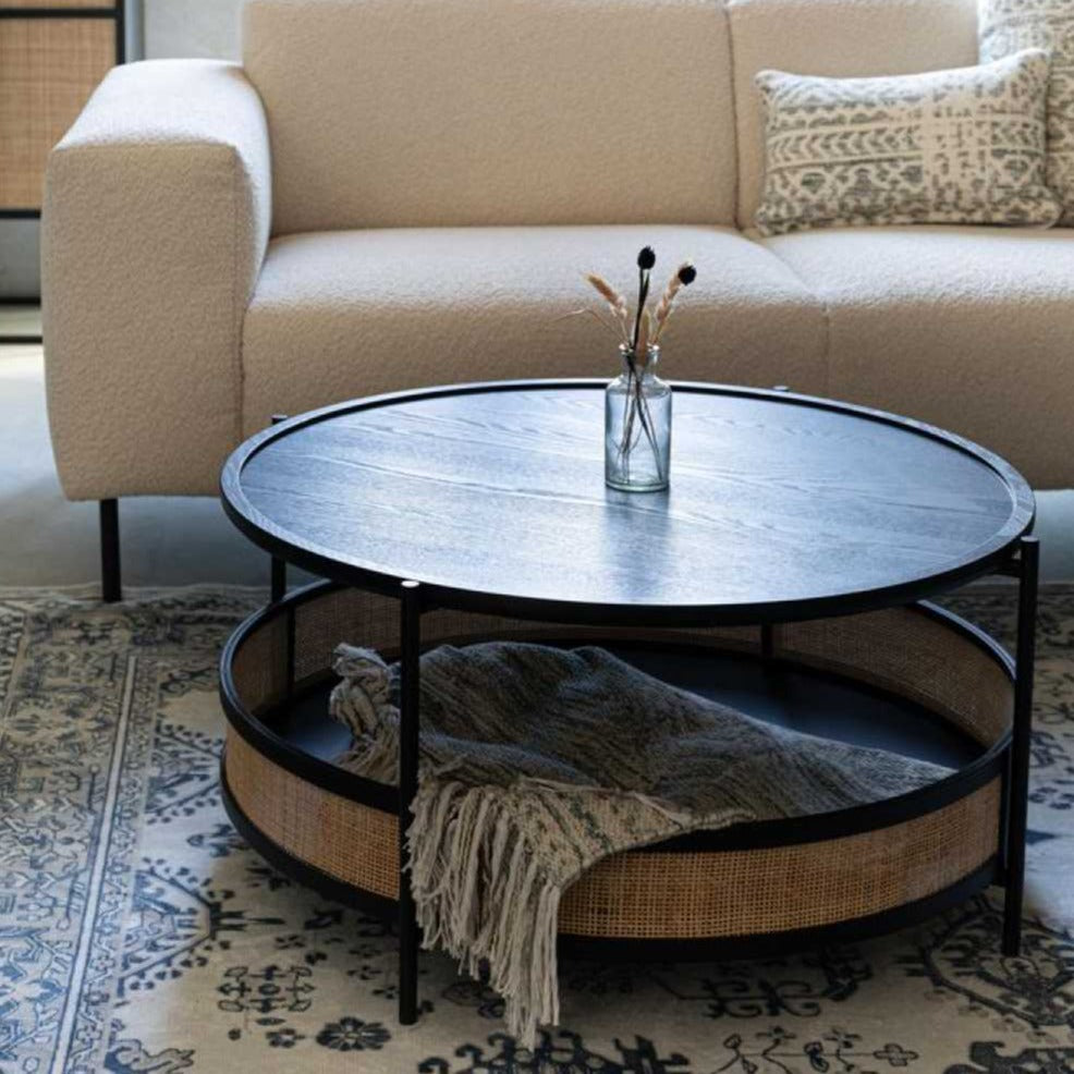 Black rattan and mdf circular coffee table 