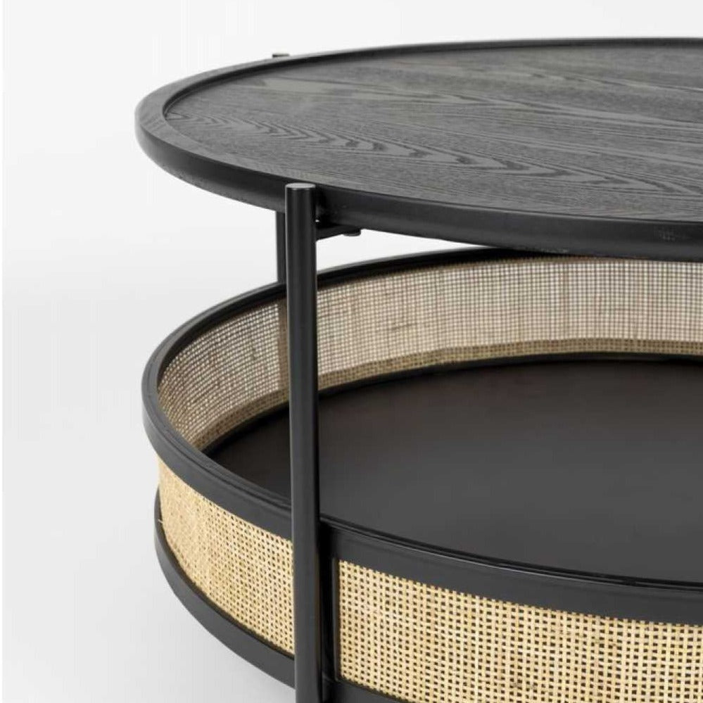 Black rattan and mdf circular coffee table 