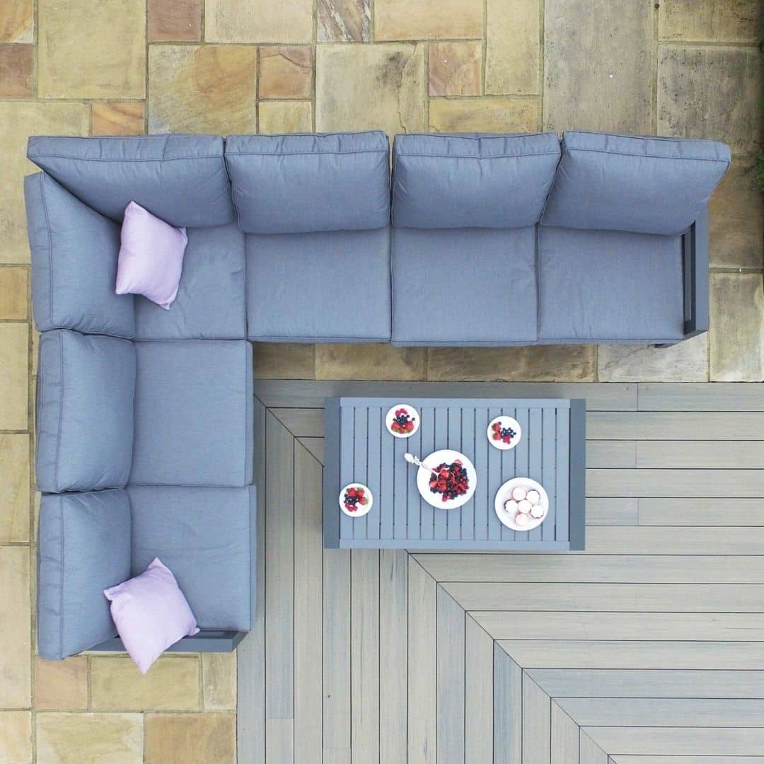 Overhead view of an aluminium corner sofa set with matching coffee table #colour_grey