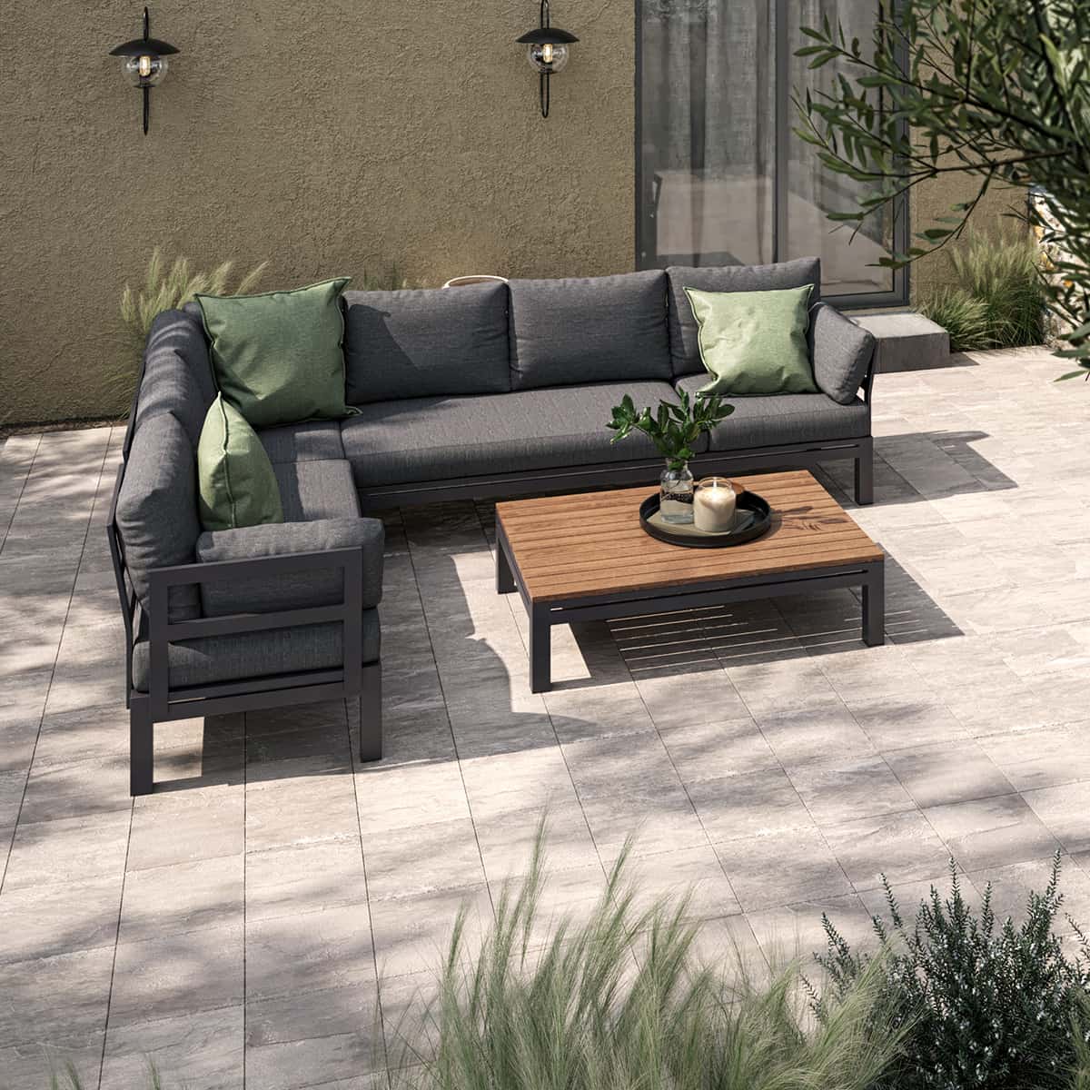 Aluminium corner sofa with teak table top coffee table #colour_charcoal