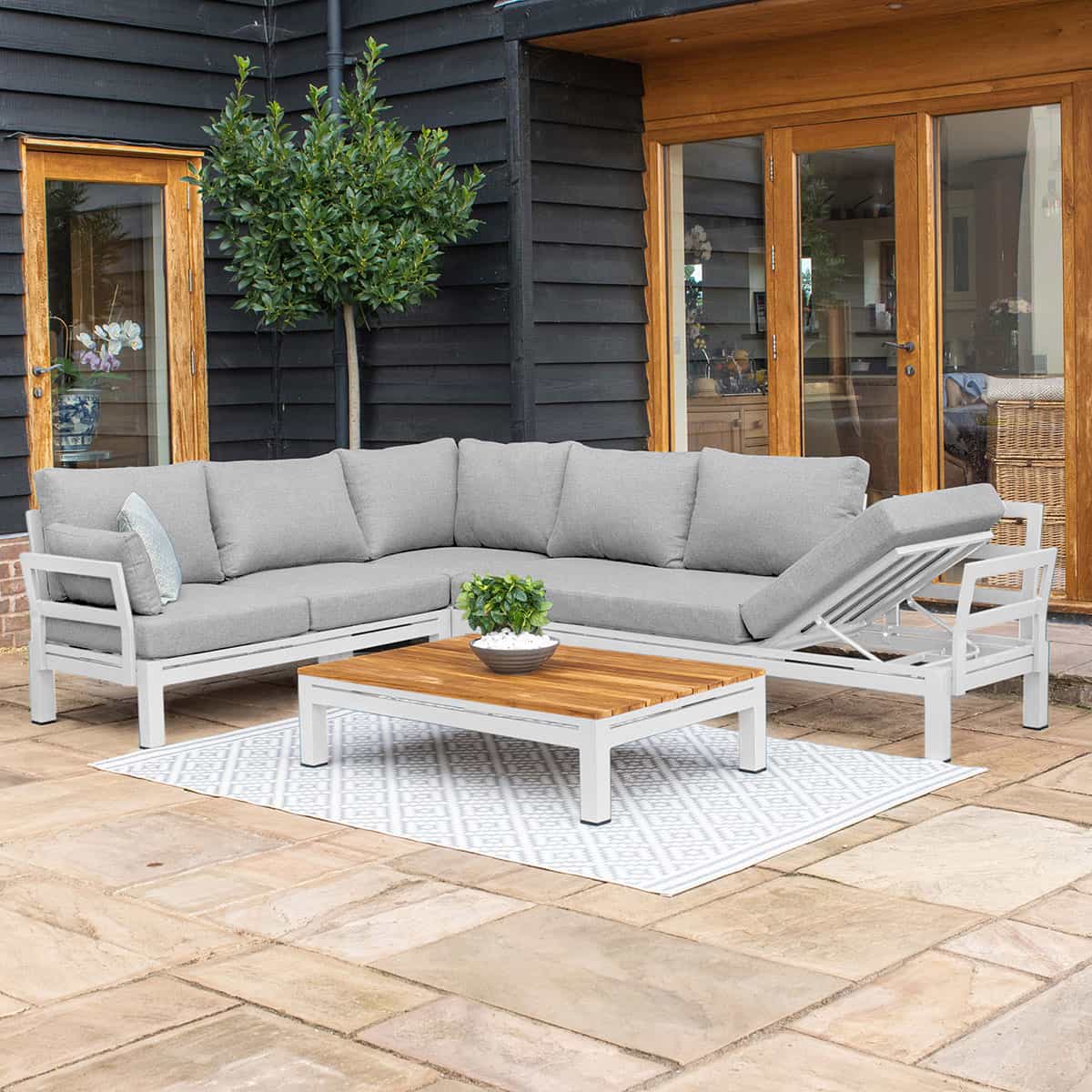Aluminium corner sofa with teak table top coffee table #colour_white