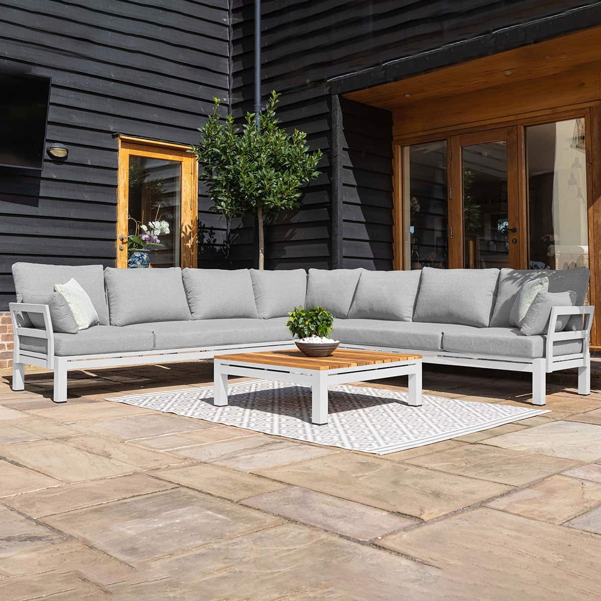 Aluminium large corner sofa with teak top coffee table #colour_white
