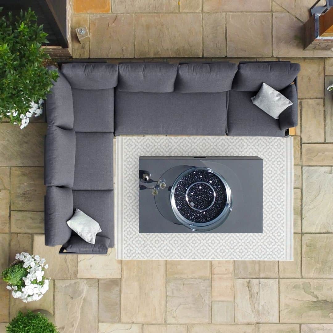 Overhead view of grey aluminium corner sofa with rectangular gas fire pit coffee table