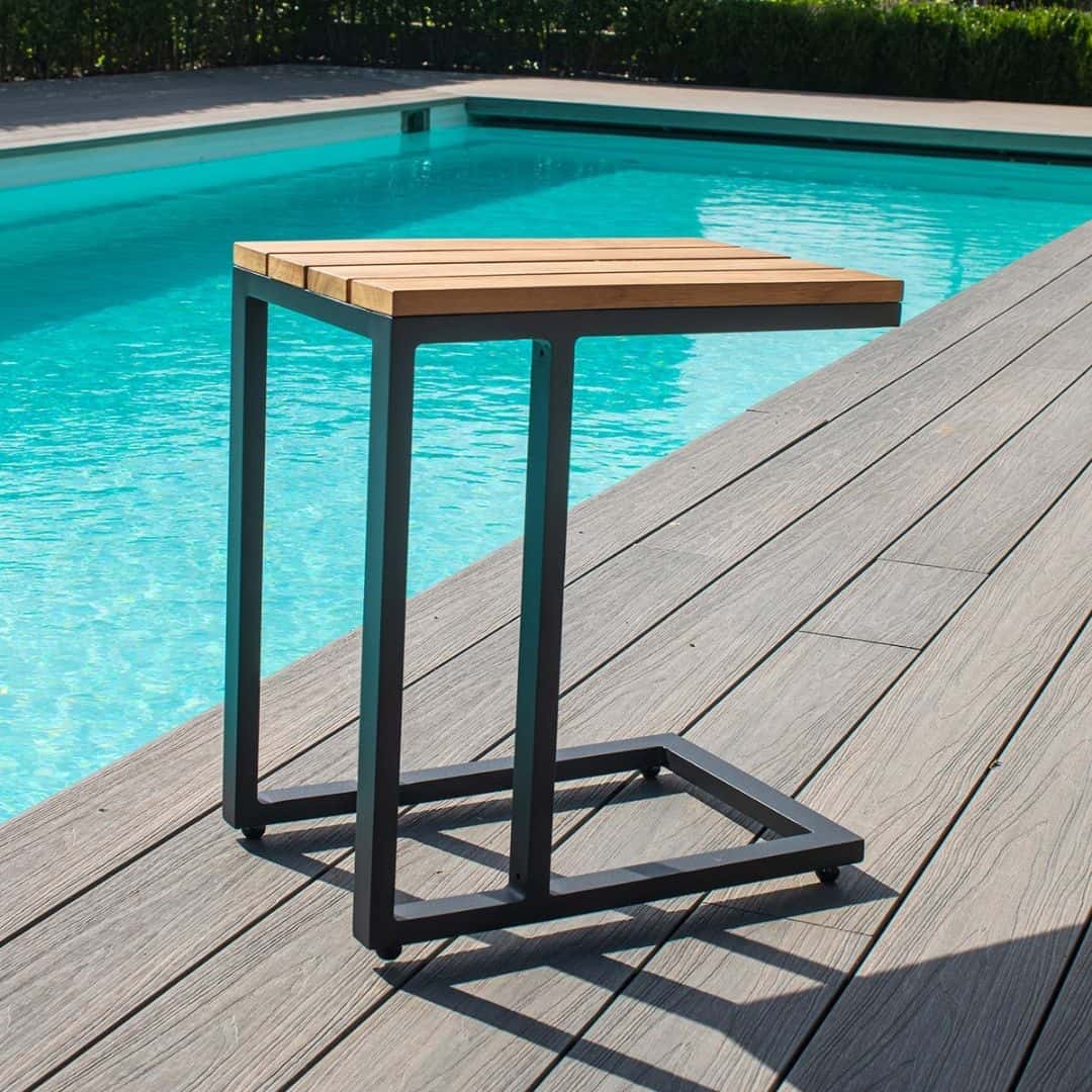 Aluminium u-shaped side table with teak table top #colour_charcoal