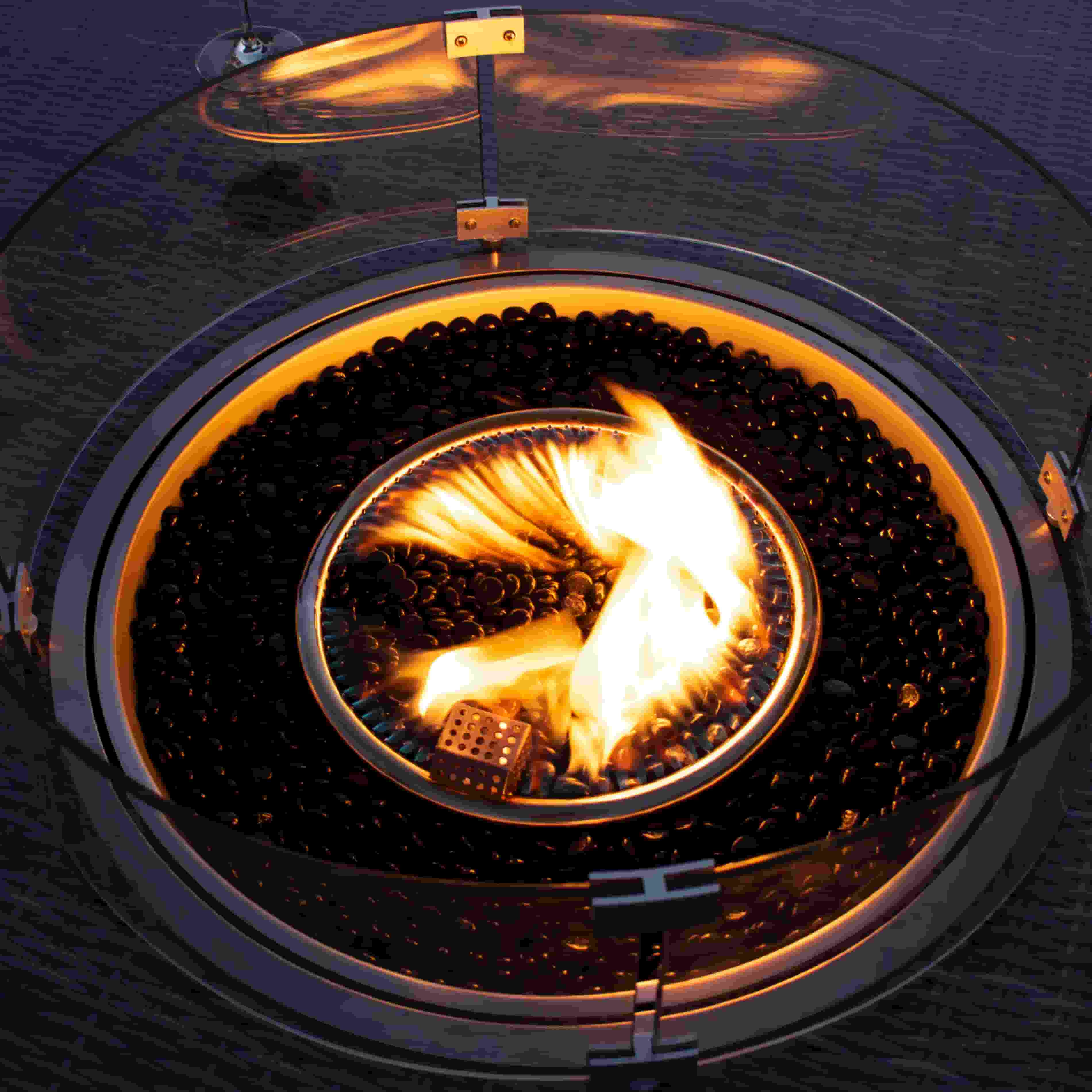 Close up of the fire pit and glass surround